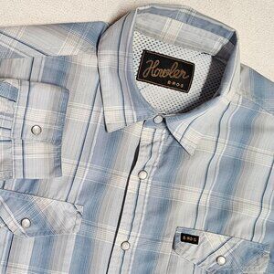 Howler Bros H Bar B Tech Pearl Snap Shirt Men's XL Blue Plaid Silver Stripe Tech